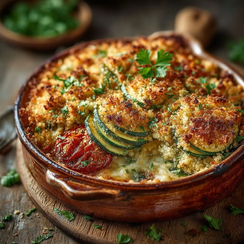 Une casserole de courgettes et de tomates avec du cumin, des noisettes et du Parmesan.